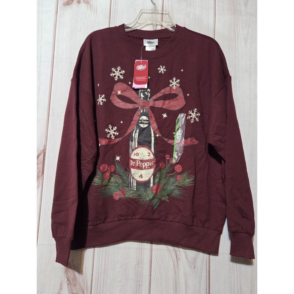 Dr Pepper Christmas Holiday Sweatshirt Maroon Burgundy Bottle Graphic Medium NEW